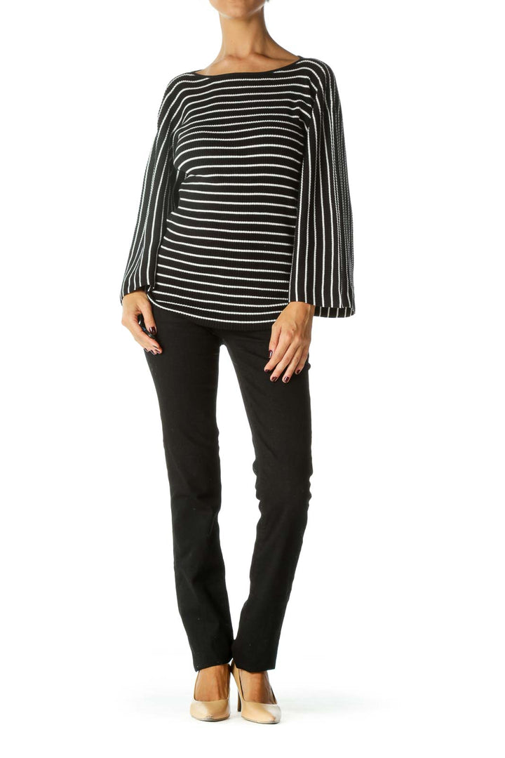 Black White Striped Wide Sleeves Stretch Cotton Top