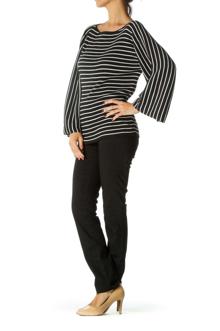 Black White Striped Wide Sleeves Stretch Cotton Top