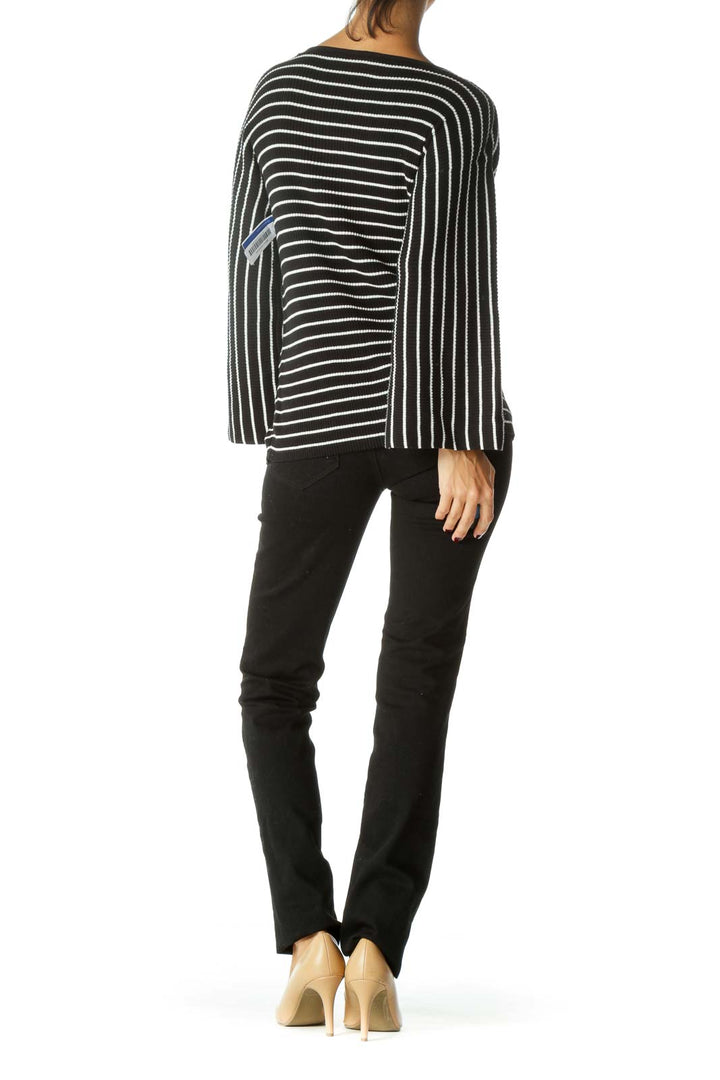 Black White Striped Wide Sleeves Stretch Cotton Top