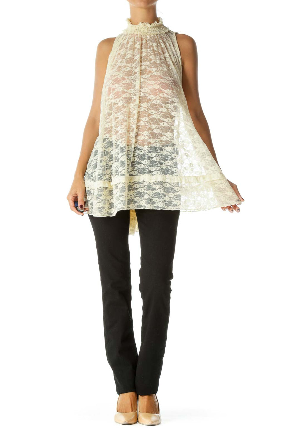 Front view of Free People ivory lace high-neck sleeveless tunic