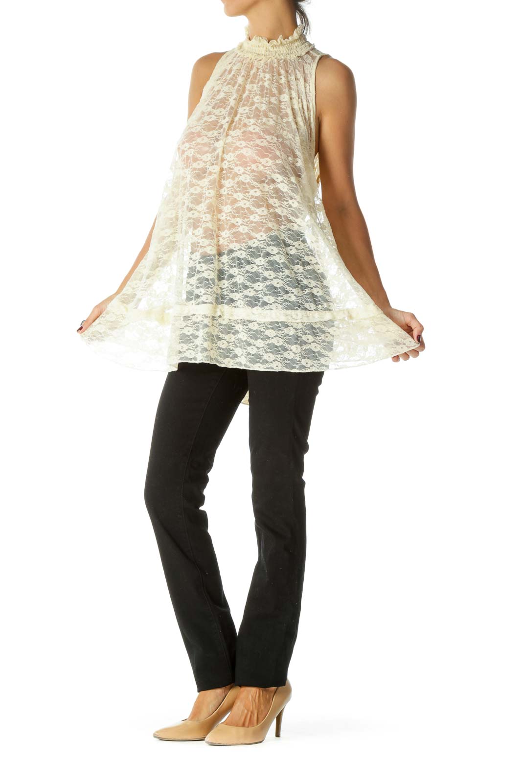 Front view of Free People ivory lace high-neck sleeveless tunic