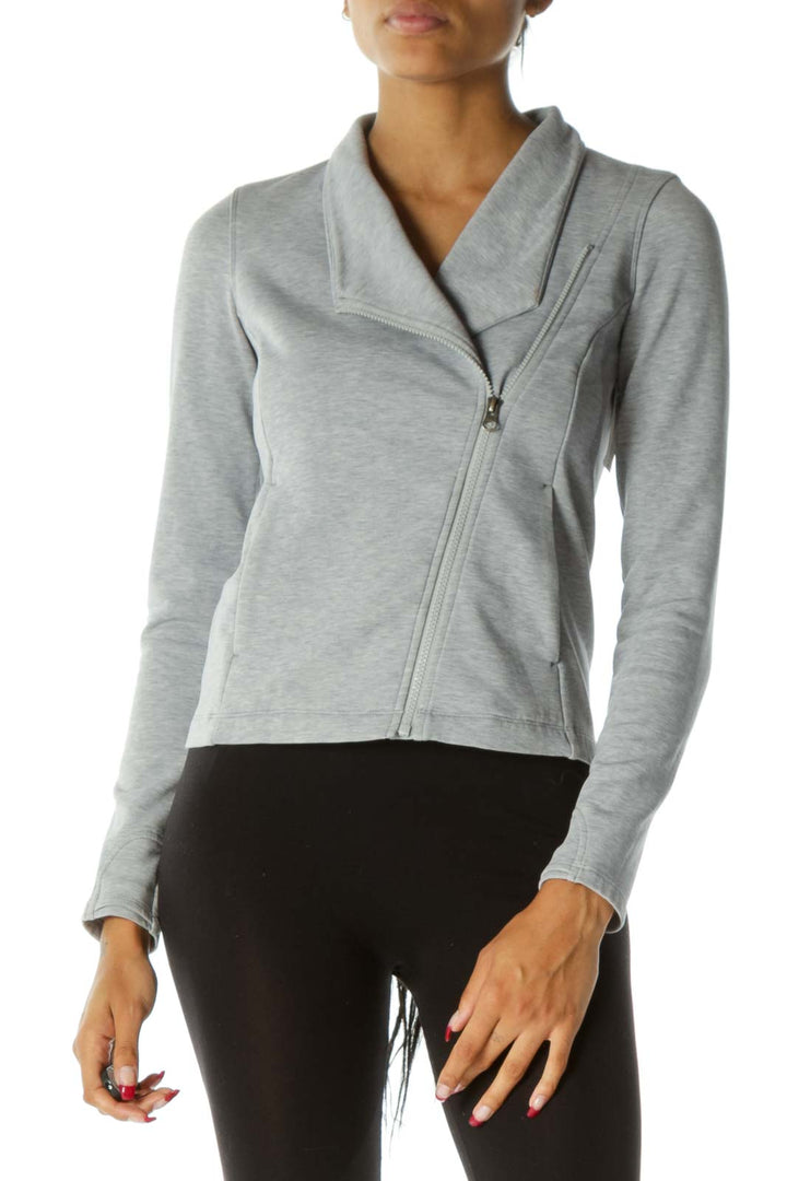 Gray Pocketed Mottled Print Zippered Sweat Active Jacket