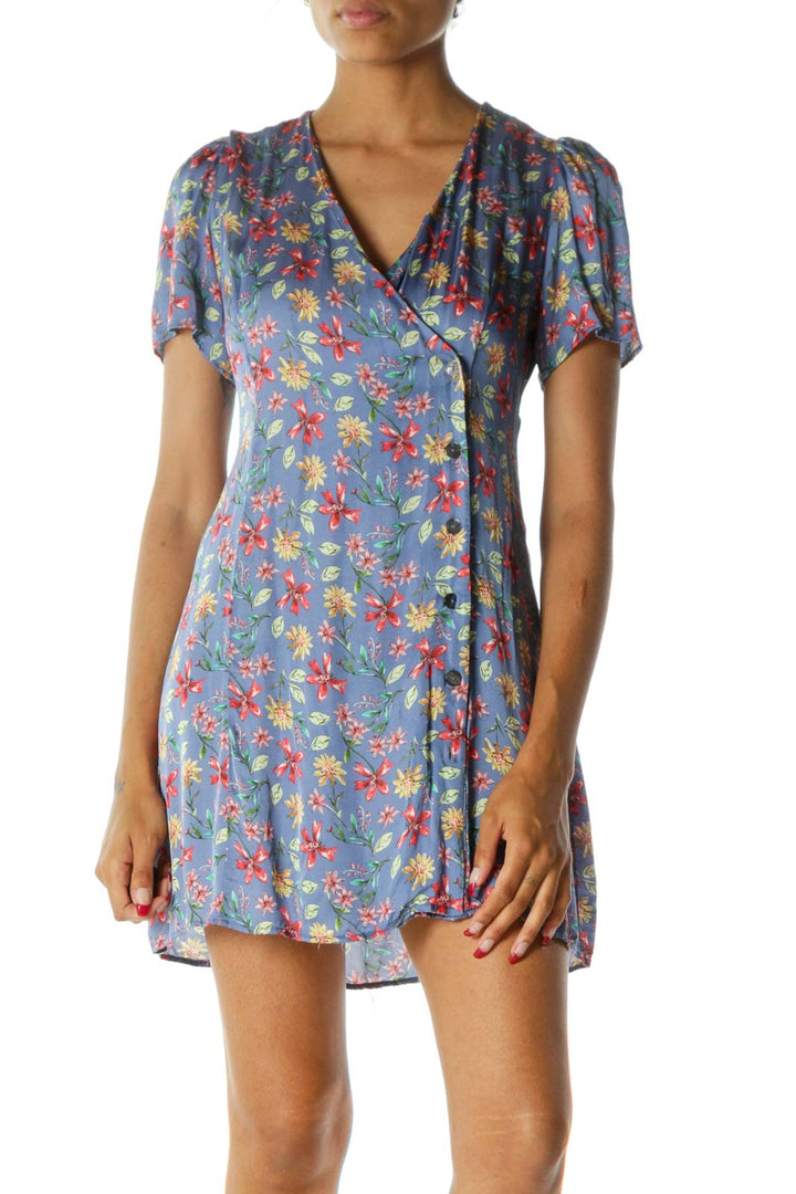 Blue Red Yellow Floral Print Deep V-Neck Buttoned Short Sleeve Day Dress