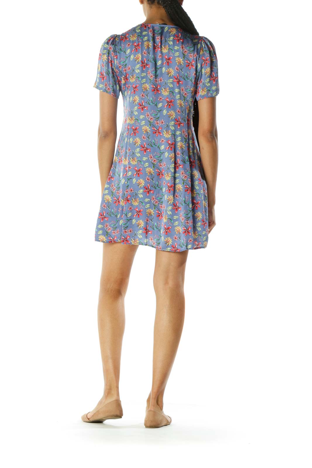 Blue Red Yellow Floral Print Deep V-Neck Buttoned Short Sleeve Day Dress