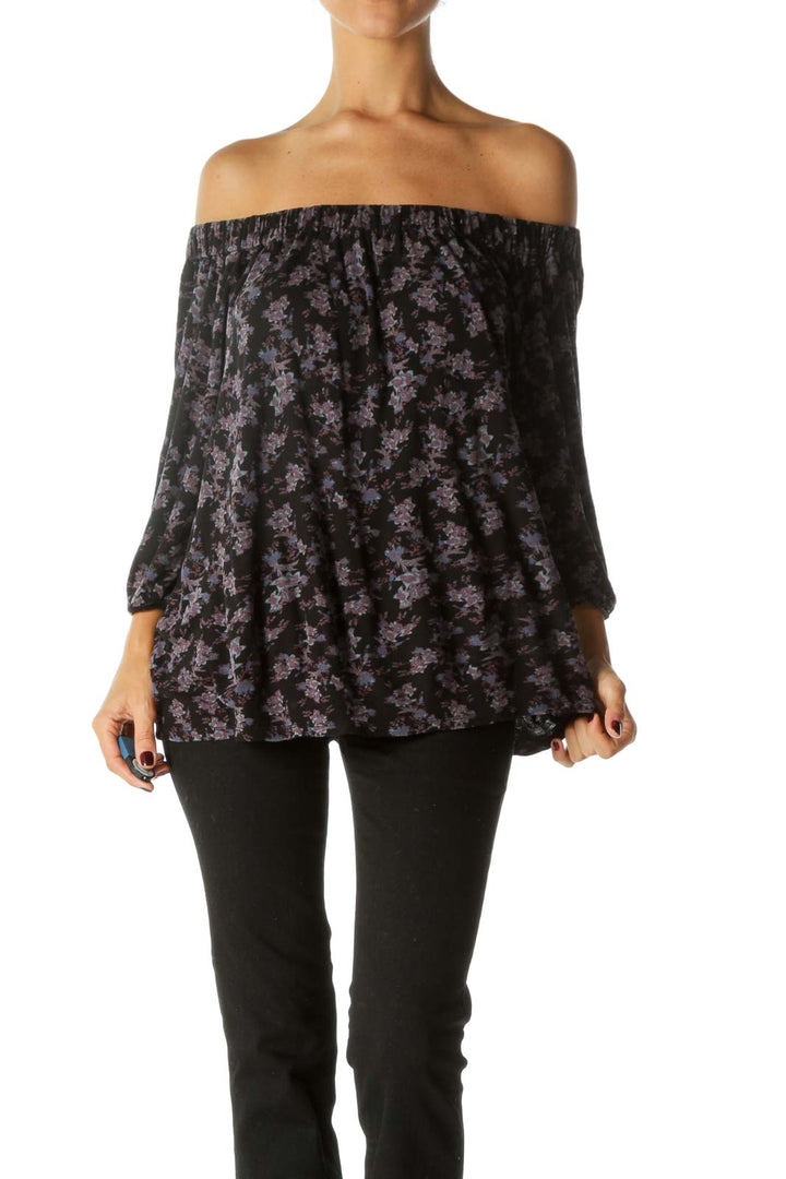 Black Purple Cold Shoulder Floral Print 3/4 Sleeve Knit Top