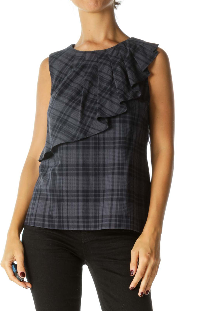 Blue Plaid Ruffled Textured Tank Top