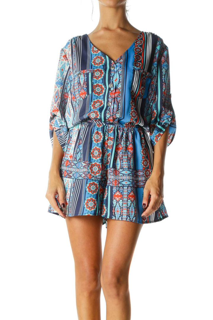 Blue Orange White Print Pocketed 3/4 Sleeve Buttoned Belted Romper