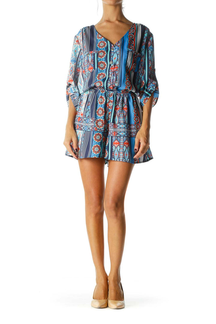 Blue Orange White Print Pocketed 3/4 Sleeve Buttoned Belted Romper