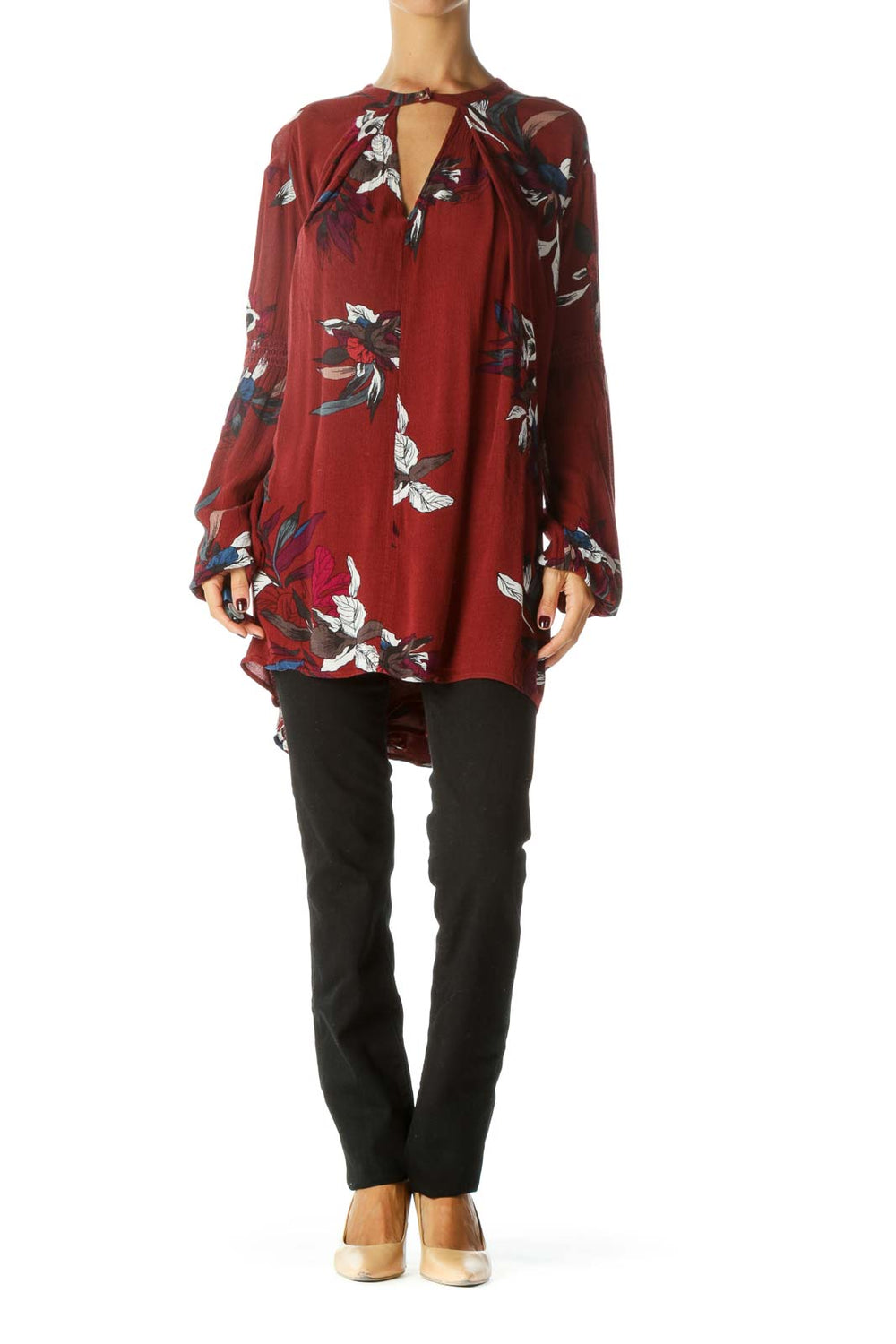 Front view of burgundy Free People tunic top with floral print and keyhole neckline