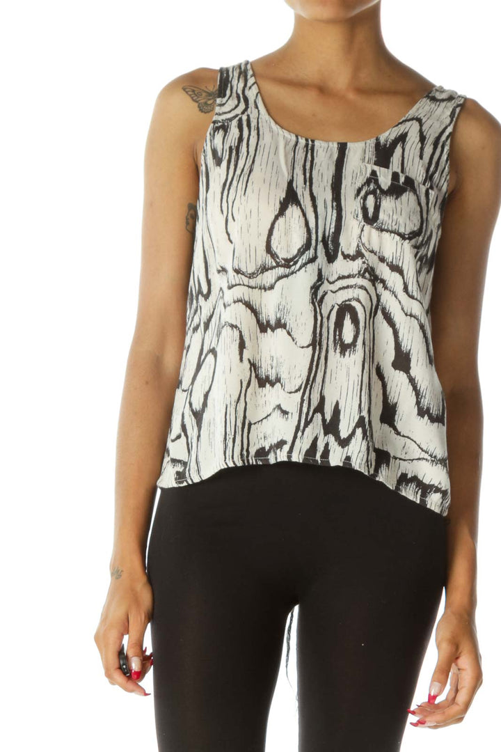 Black Cream Wood Pattern Print Pocketed Tank Top