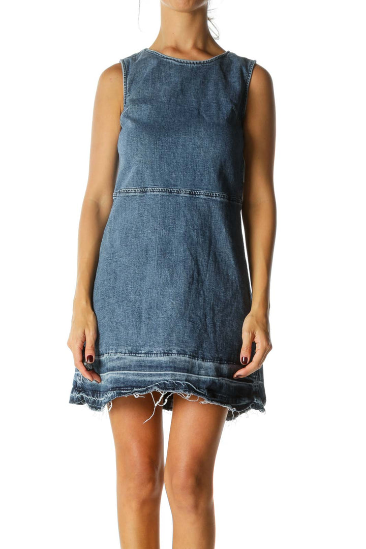 Blue Medium-Wash Round Neck Raw Hem Denim Dress