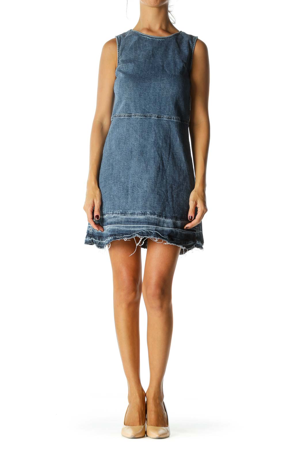 Blue Medium-Wash Round Neck Raw Hem Denim Dress