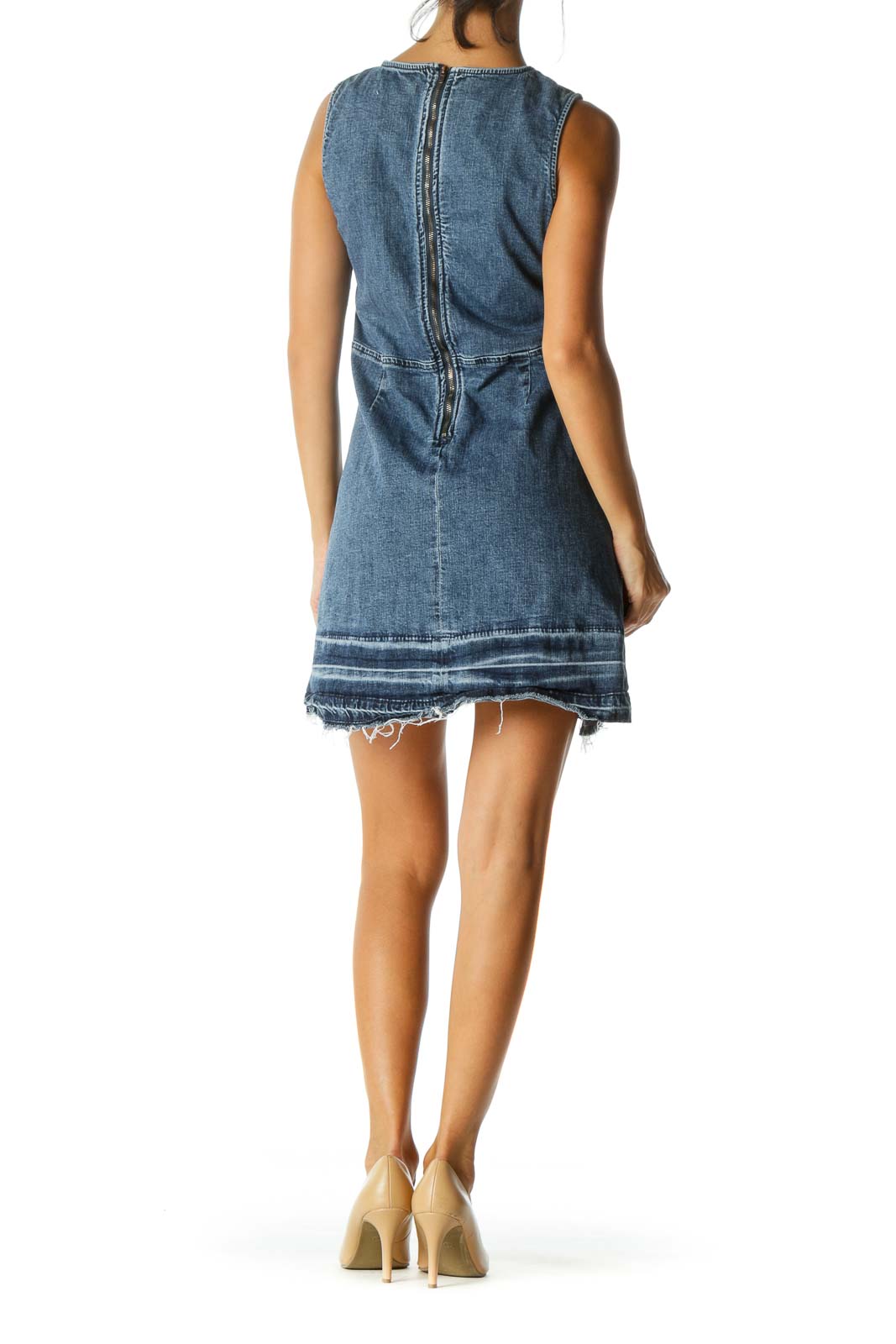 Blue Medium-Wash Round Neck Raw Hem Denim Dress