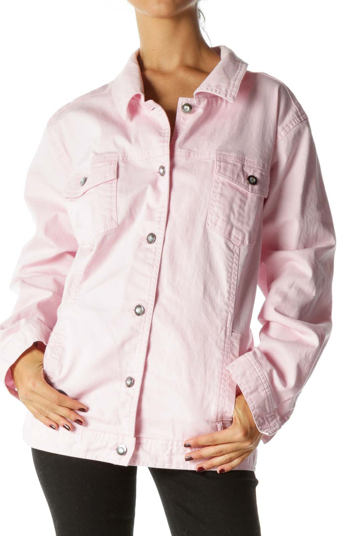 Pink Pocketed Long Sleeve Embellished Buttons Denim Jacket