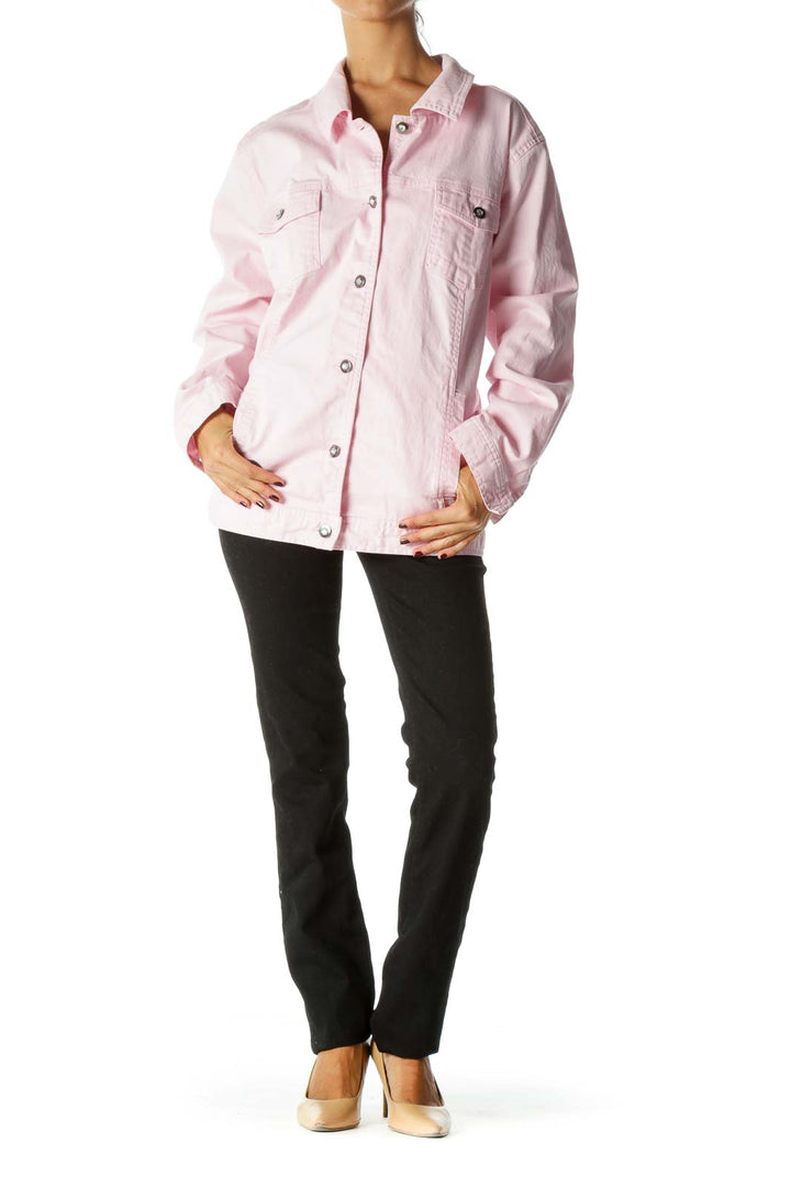 Pink Pocketed Long Sleeve Embellished Buttons Denim Jacket