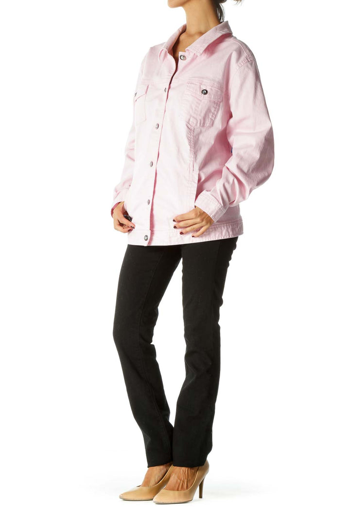 Pink Pocketed Long Sleeve Embellished Buttons Denim Jacket