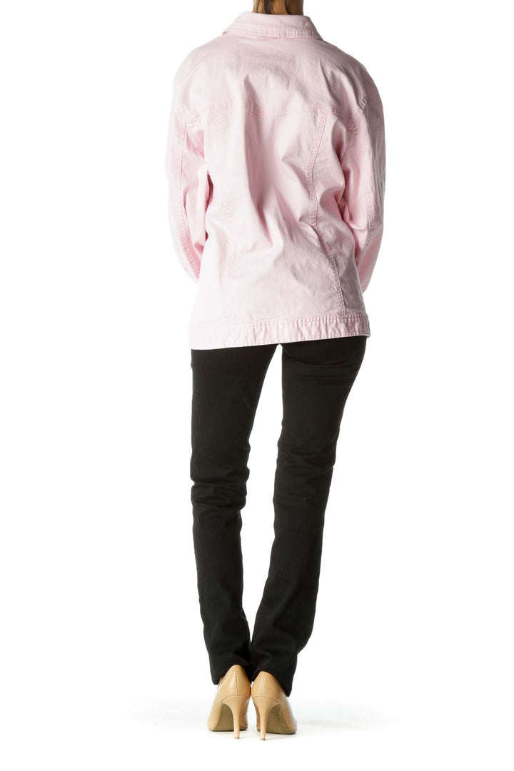 Pink Pocketed Long Sleeve Embellished Buttons Denim Jacket