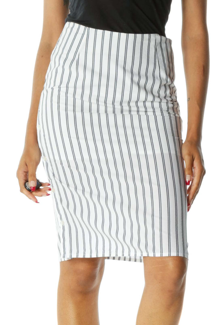 White Black Striped 100% Cotton Side-Buttons Midi Skirt