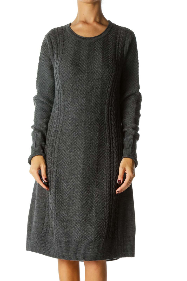 Gray Round Neck Merino Wool Long Sleeve Knit Dress