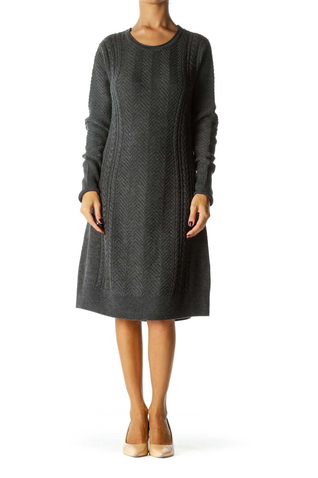 Gray Round Neck Merino Wool Long Sleeve Knit Dress