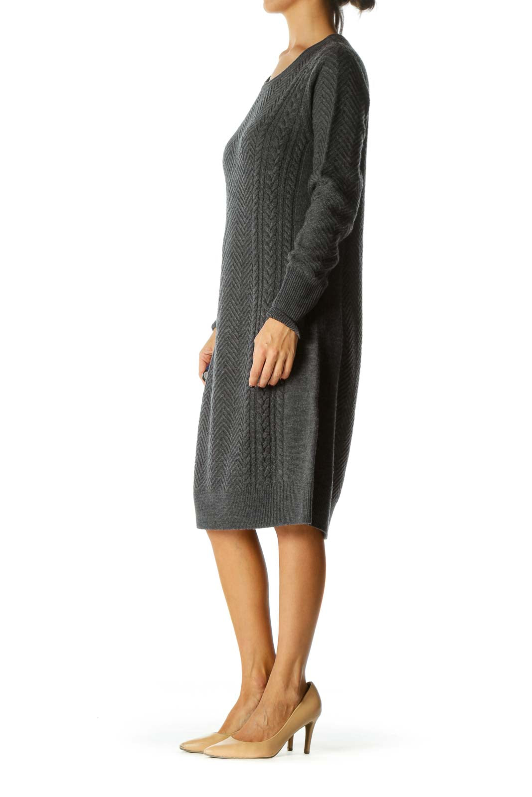 Gray Round Neck Merino Wool Long Sleeve Knit Dress