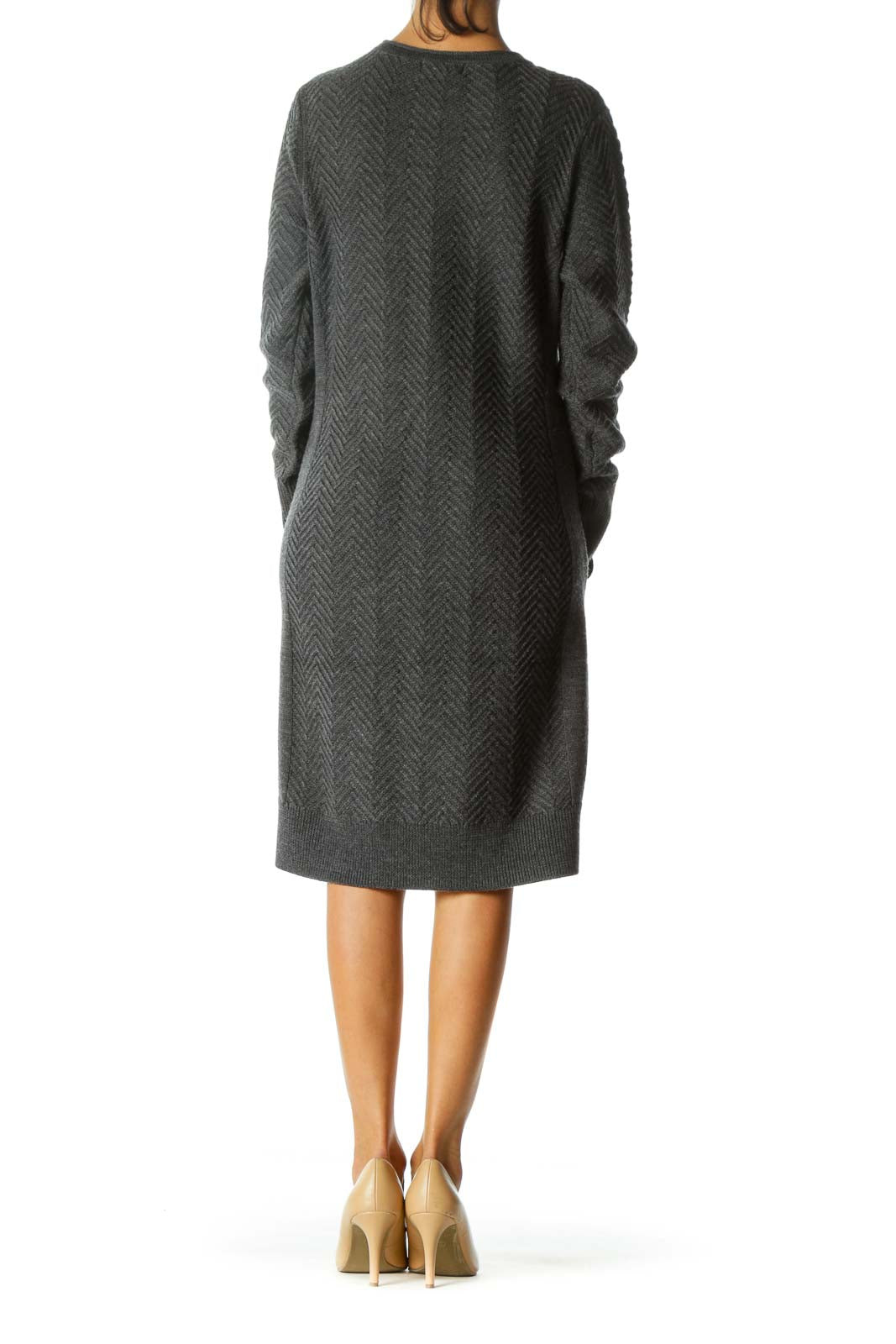 Gray Round Neck Merino Wool Long Sleeve Knit Dress