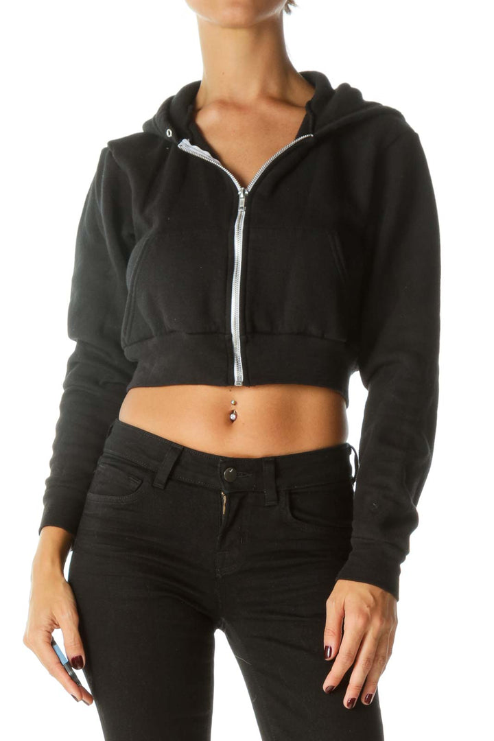 Black Hooded Zippered Crop Sweat Jacket