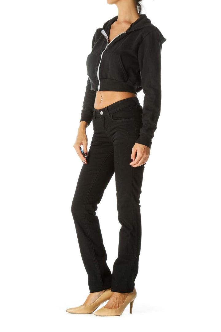 Black Hooded Zippered Crop Sweat Jacket