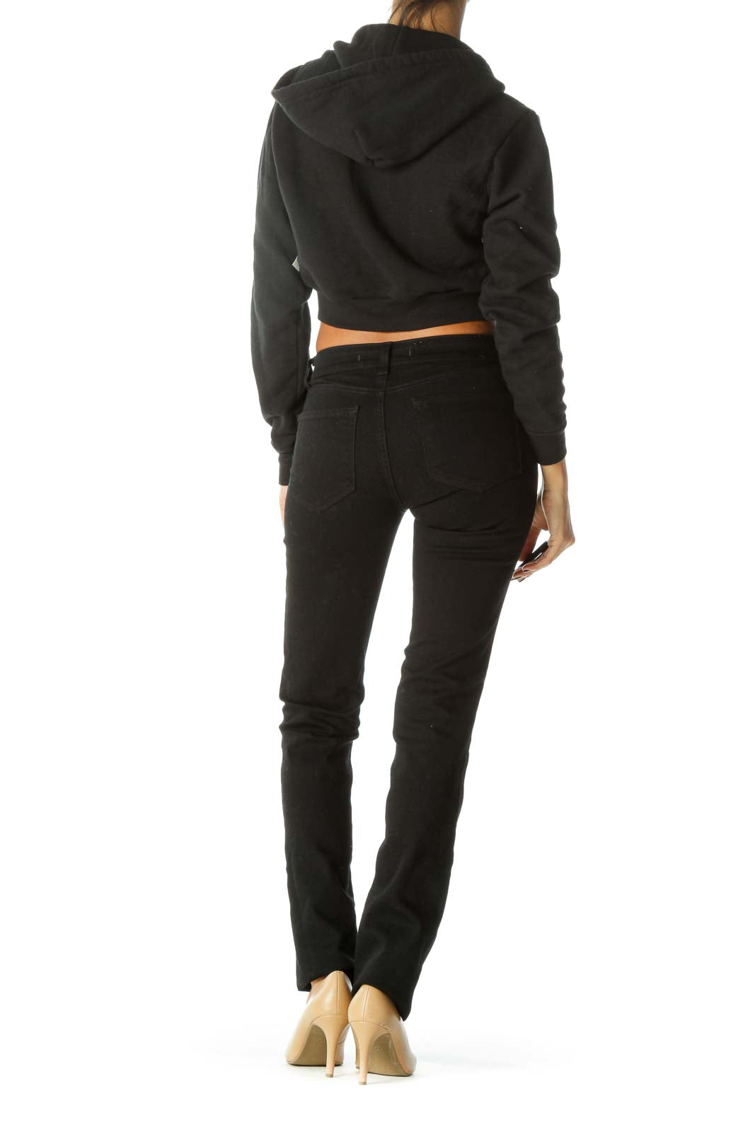 Black Hooded Zippered Crop Sweat Jacket