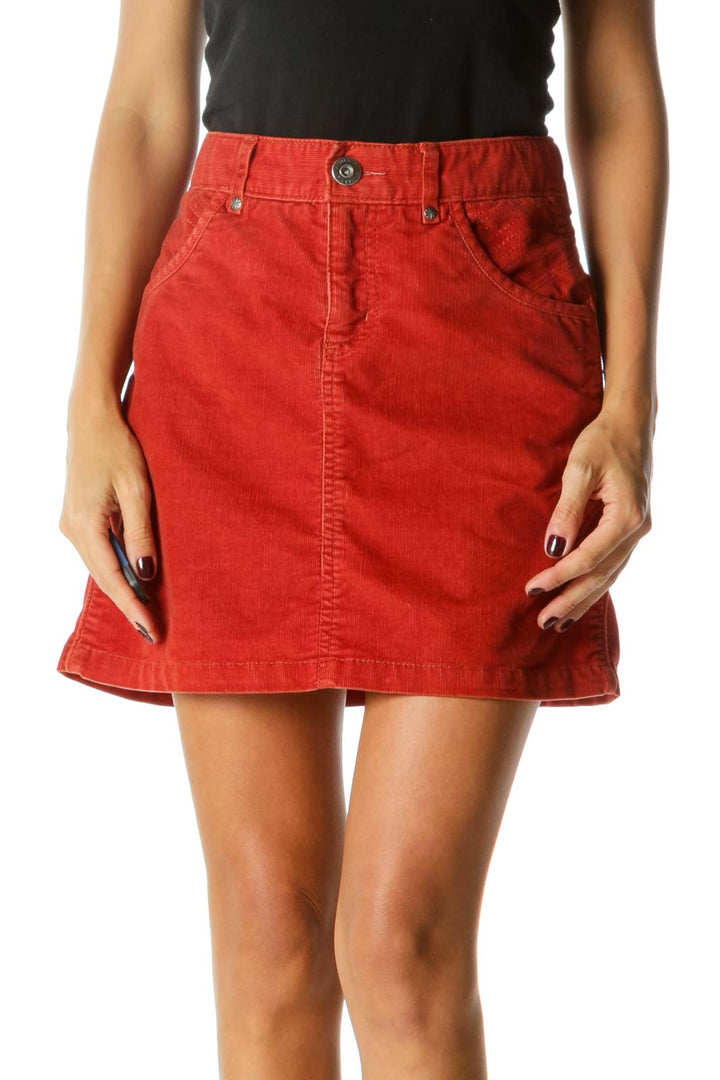 Orange Pocket Stitching Detail Zipper Corduroy Mini Skirt