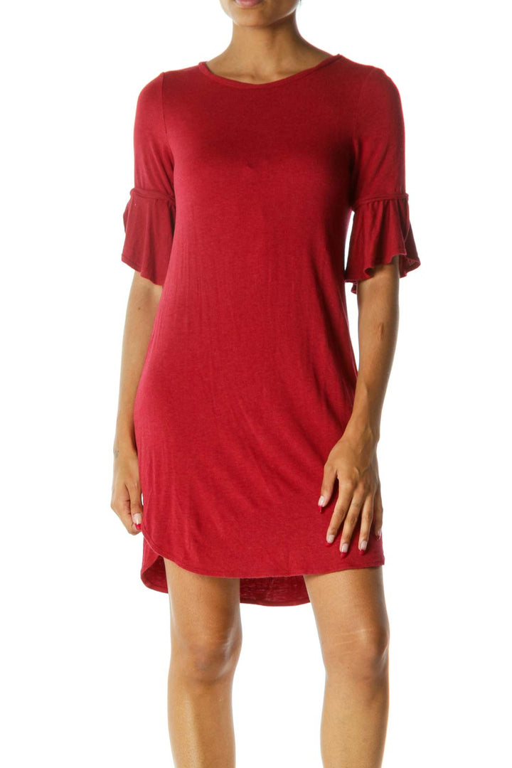 Red Round Neck 3/4 Sleeve Soft Jersey Knit Dress