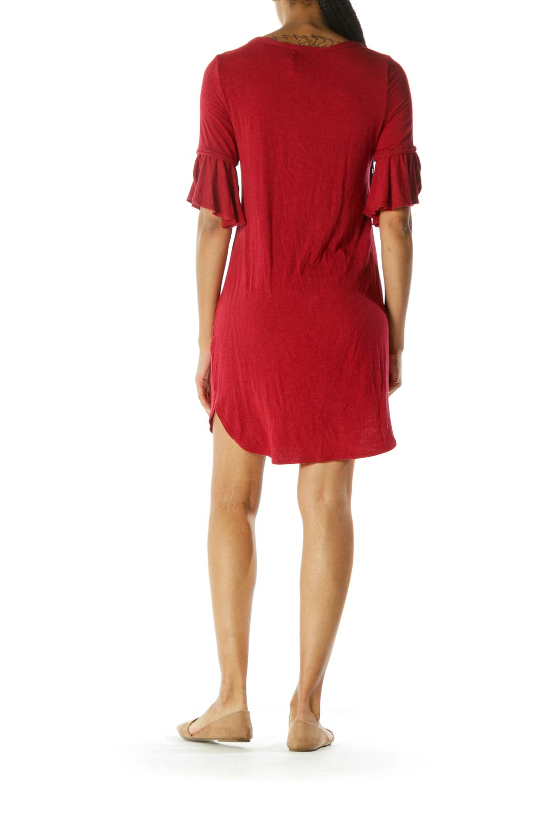 Red Round Neck 3/4 Sleeve Soft Jersey Knit Dress