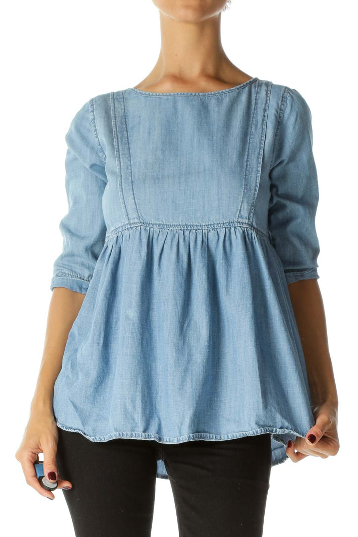 Blue Light Wash Round Neck 3/4 Sleeve Flared Top