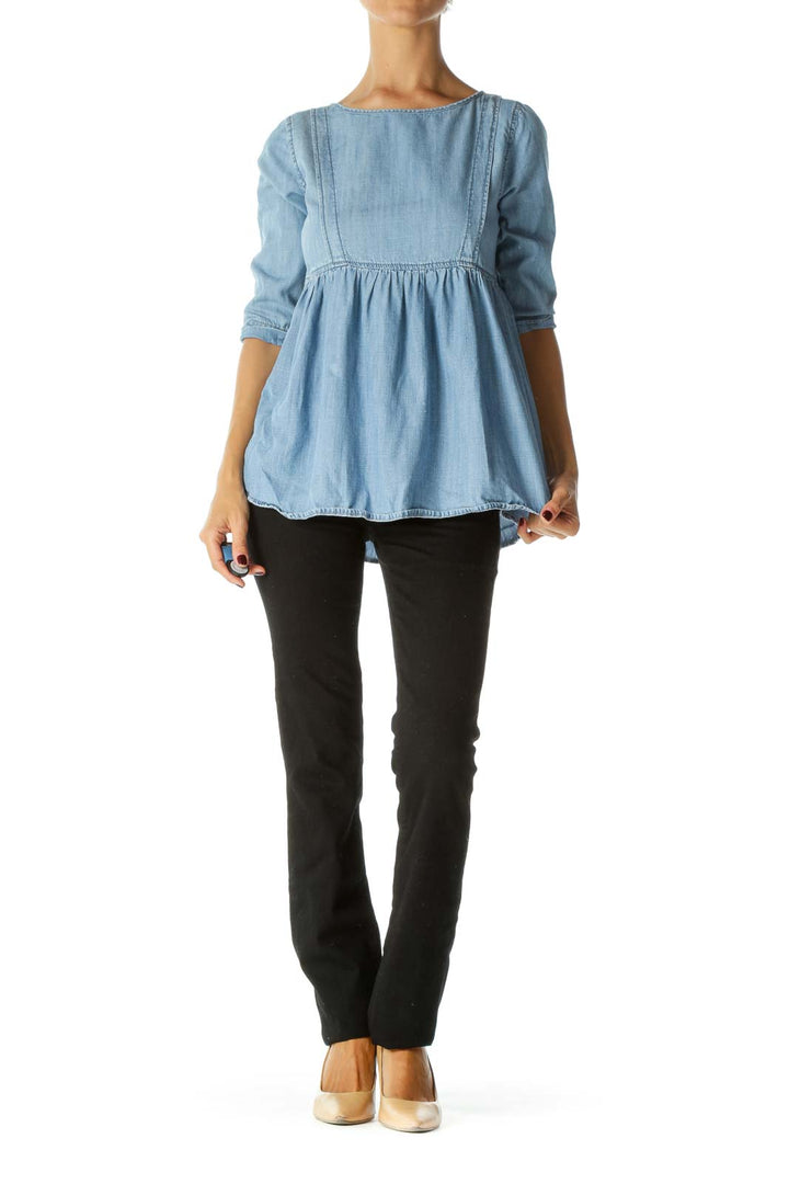 Blue Light Wash Round Neck 3/4 Sleeve Flared Top