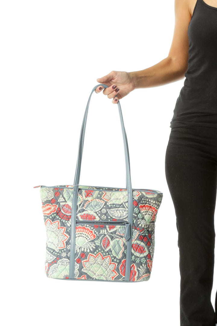 Gray Blue Strawberry Red Print Quilted Zippered Tote Bag