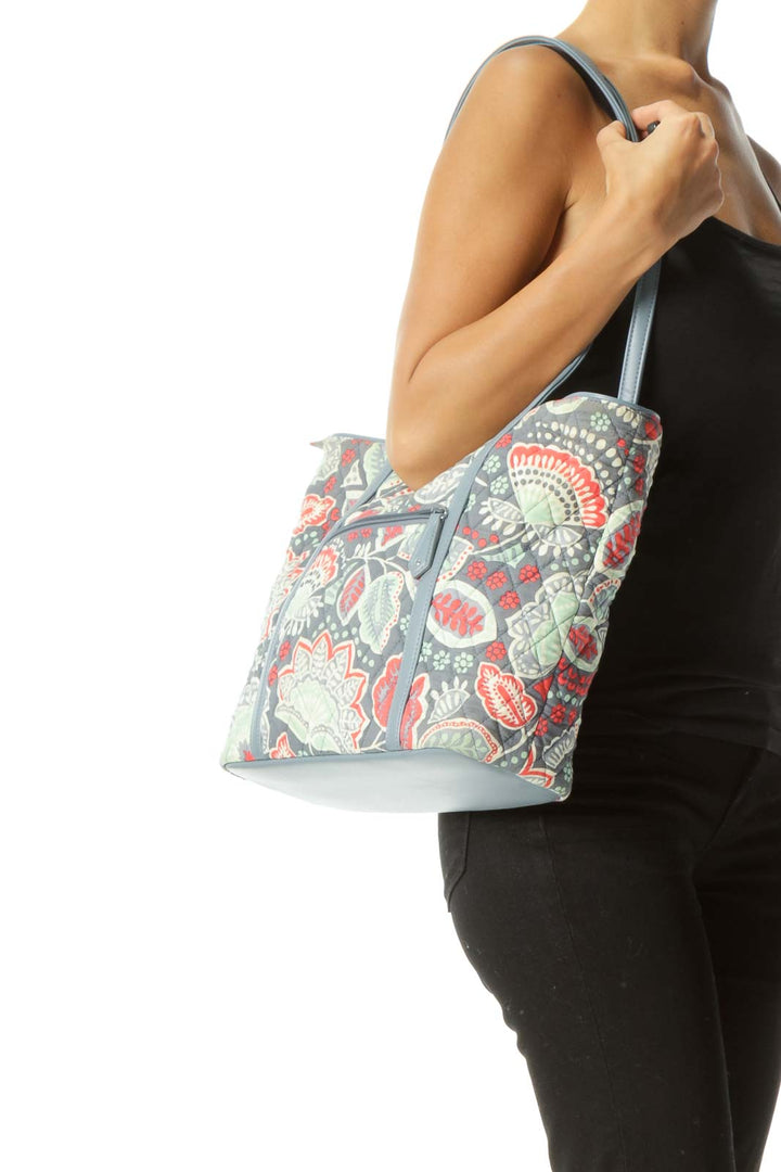 Gray Blue Strawberry Red Print Quilted Zippered Tote Bag