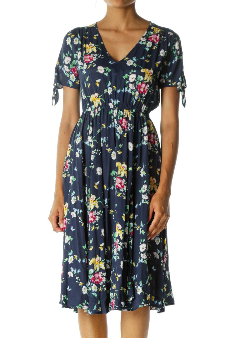 Blue Yellow White Floral Print V-Neck Short Sleeve Day Dress