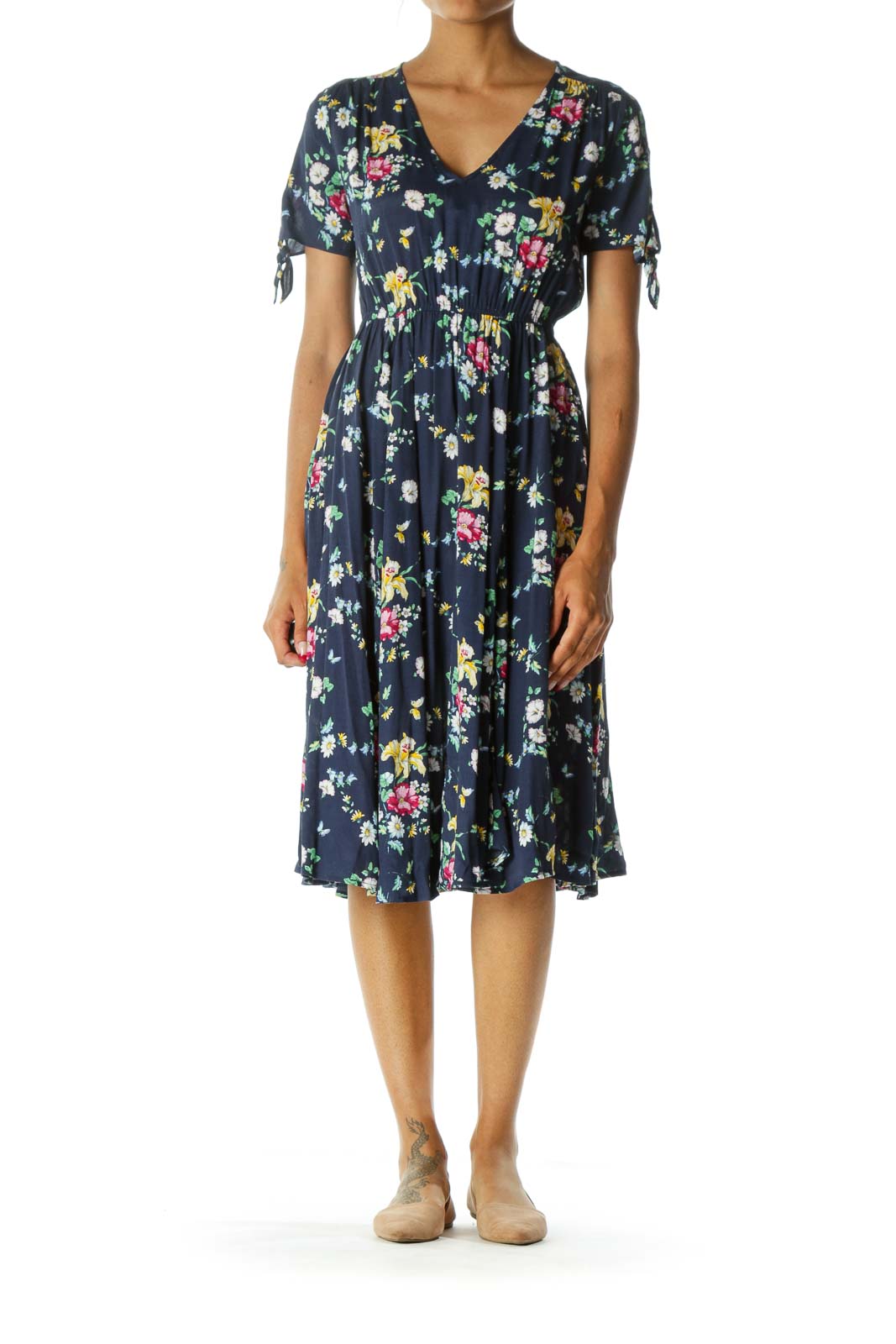 Blue Yellow White Floral Print V-Neck Short Sleeve Day Dress