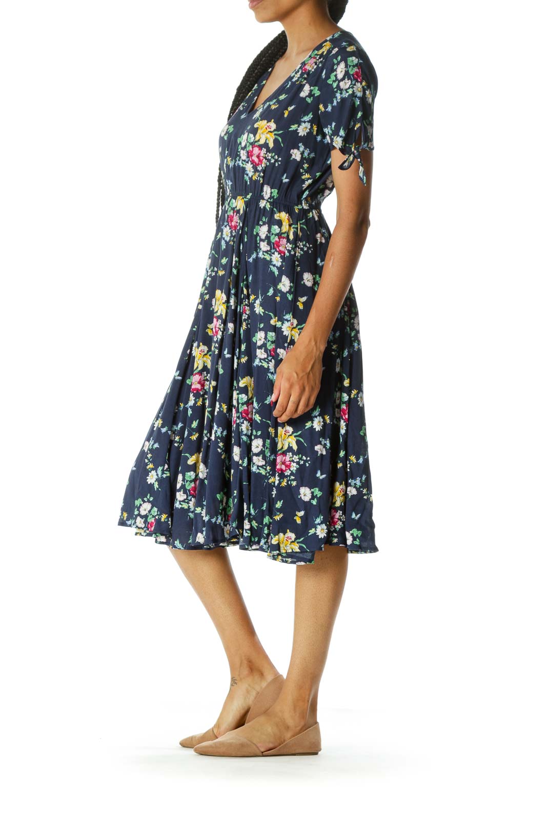 Blue Yellow White Floral Print V-Neck Short Sleeve Day Dress