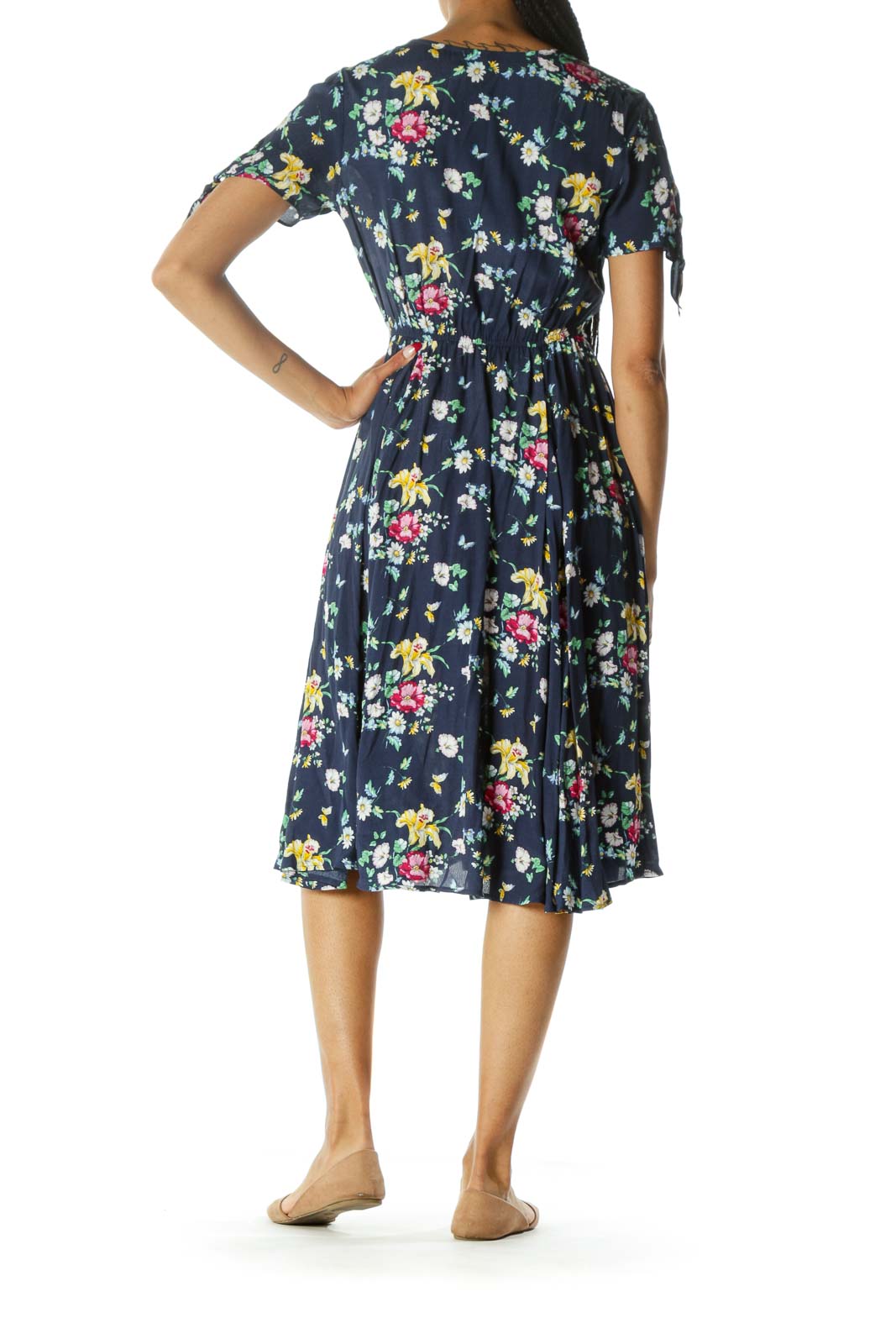 Blue Yellow White Floral Print V-Neck Short Sleeve Day Dress