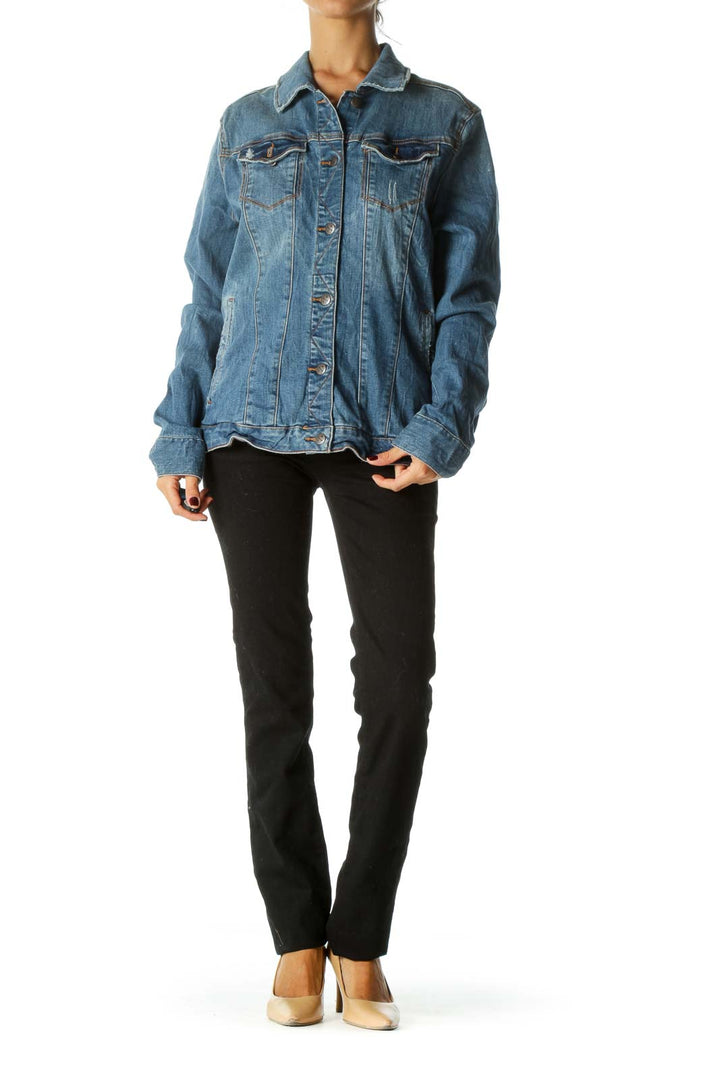 Blue Medium Wash Distressed Long Sleeve Stretch Denim Jacket