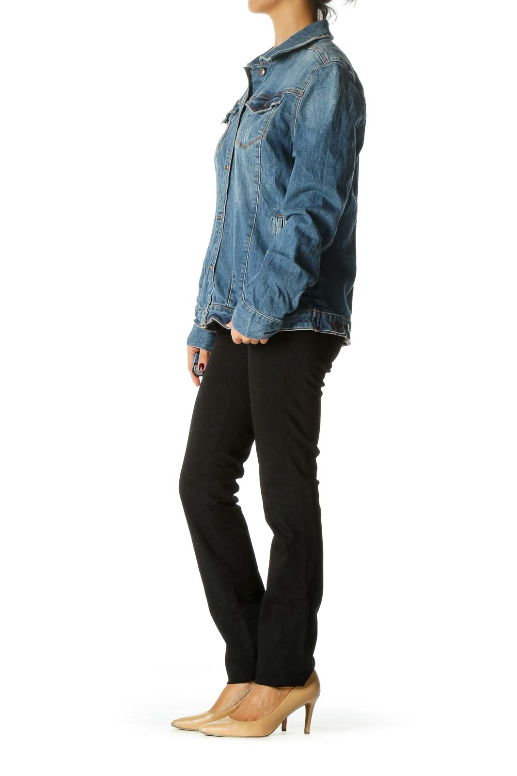 Blue Medium Wash Distressed Long Sleeve Stretch Denim Jacket