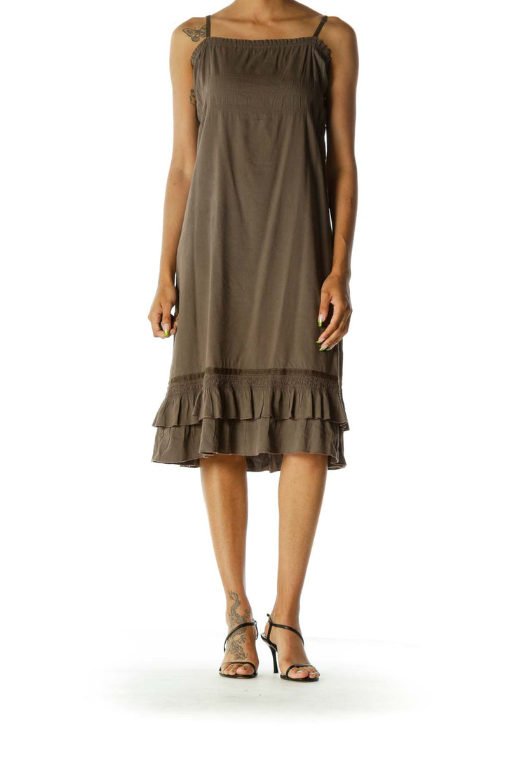 Brown Square Neck Spaghetti Strap Ruffled Detail Day Dress