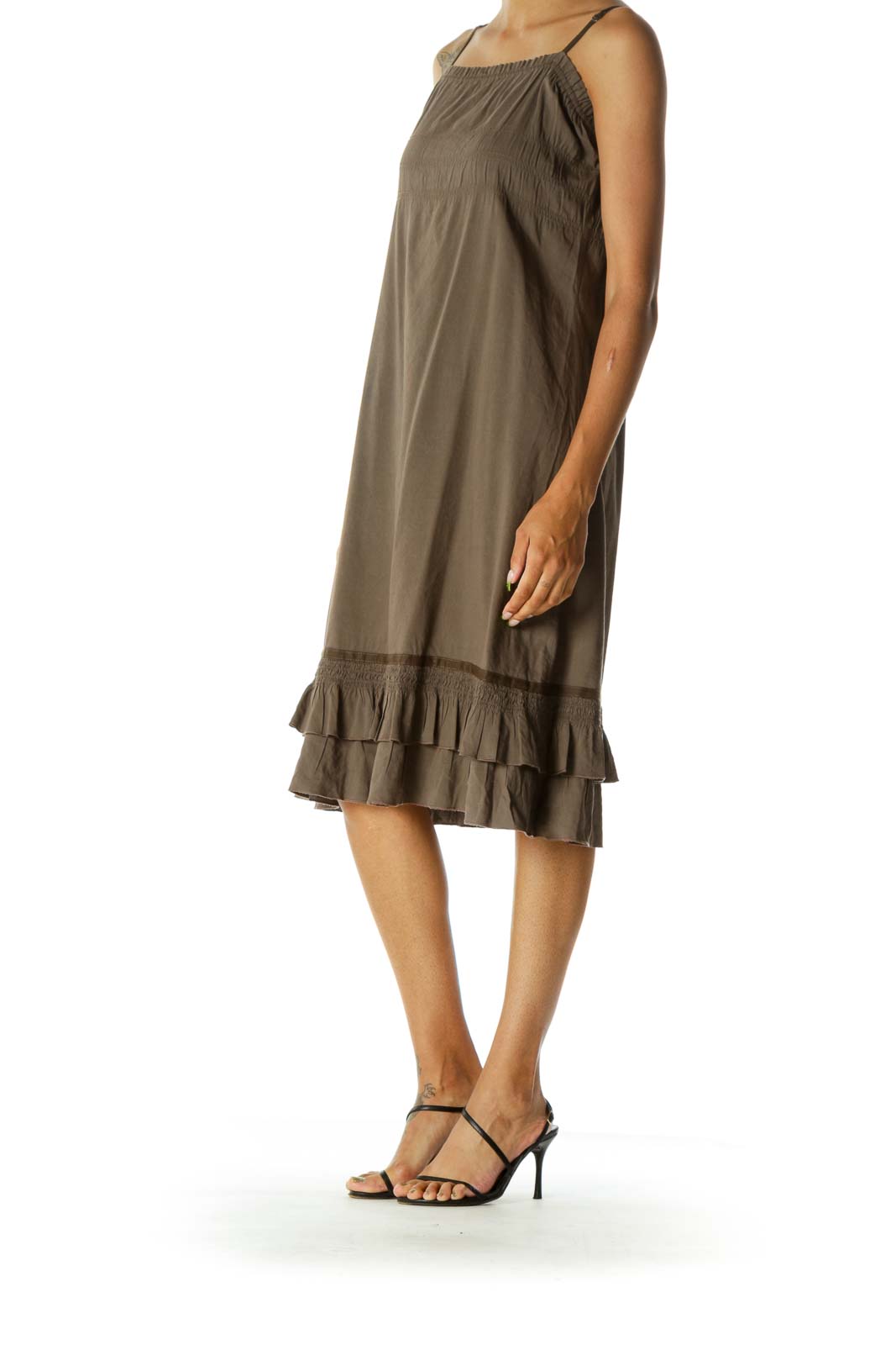 Brown Square Neck Spaghetti Strap Ruffled Detail Day Dress