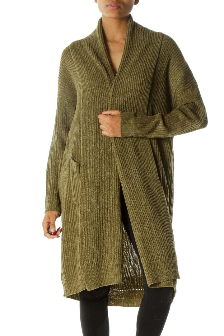 Green Ribbed Knit Open Pocketed Long Sleeve Chunky Cardigan