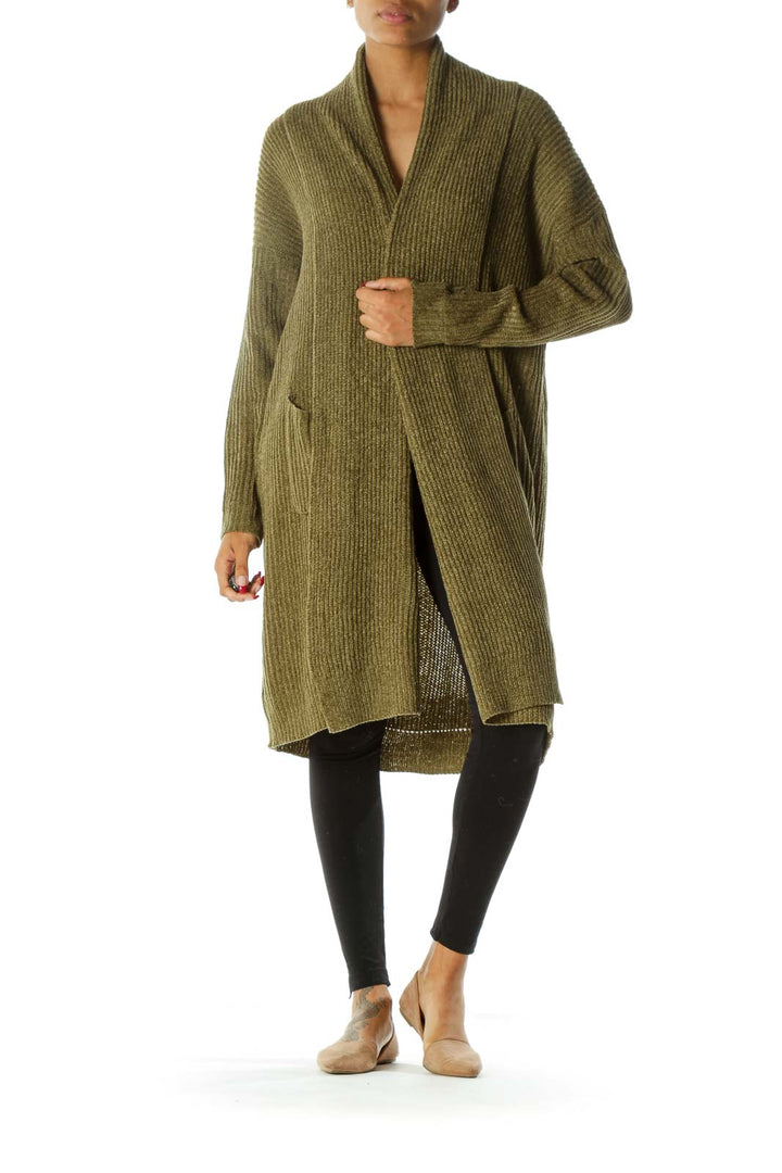 Green Ribbed Knit Open Pocketed Long Sleeve Chunky Cardigan