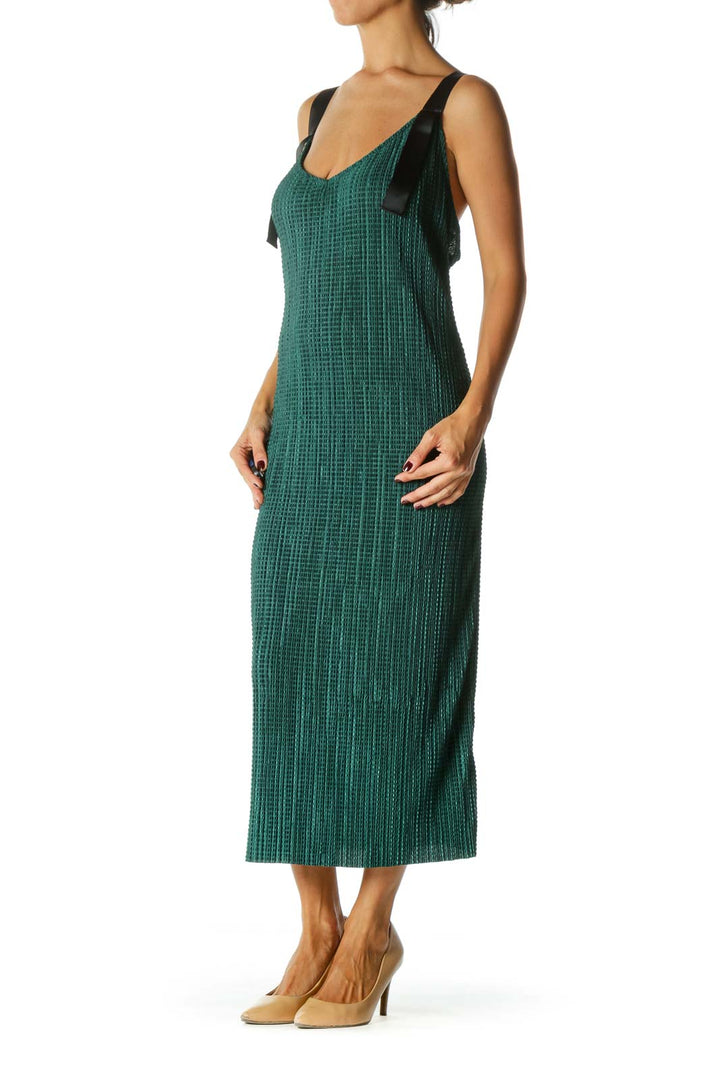 Emerald Green Black Knot Straps V-Neck Waffle Texture Stretch Dress