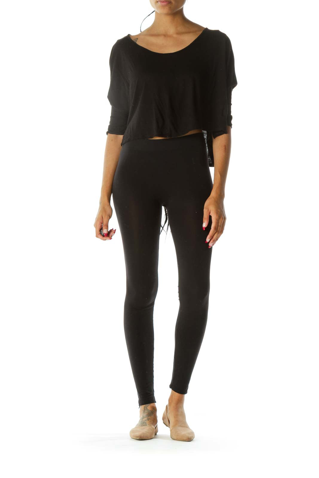 Black Boat Neck Bat Sleeves Stretch Crop Top