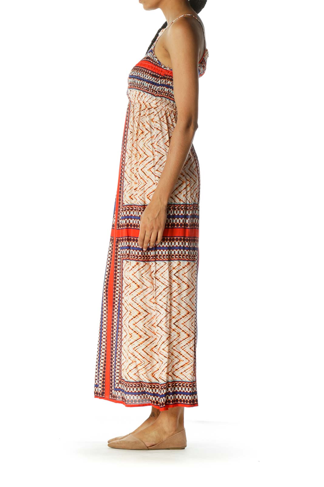 Blue Orange Square Neck Spaghetti Strap Shirring Maxi Dress