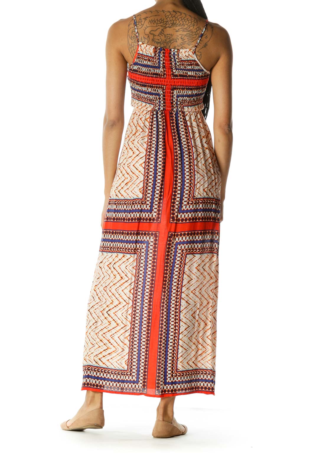 Blue Orange Square Neck Spaghetti Strap Shirring Maxi Dress